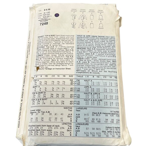 Vogue Patterns 7248 Misses Top & Skirt Sewing Pattern Sizes 6-8-10 Easy-Facile - Picture 2 of 2
